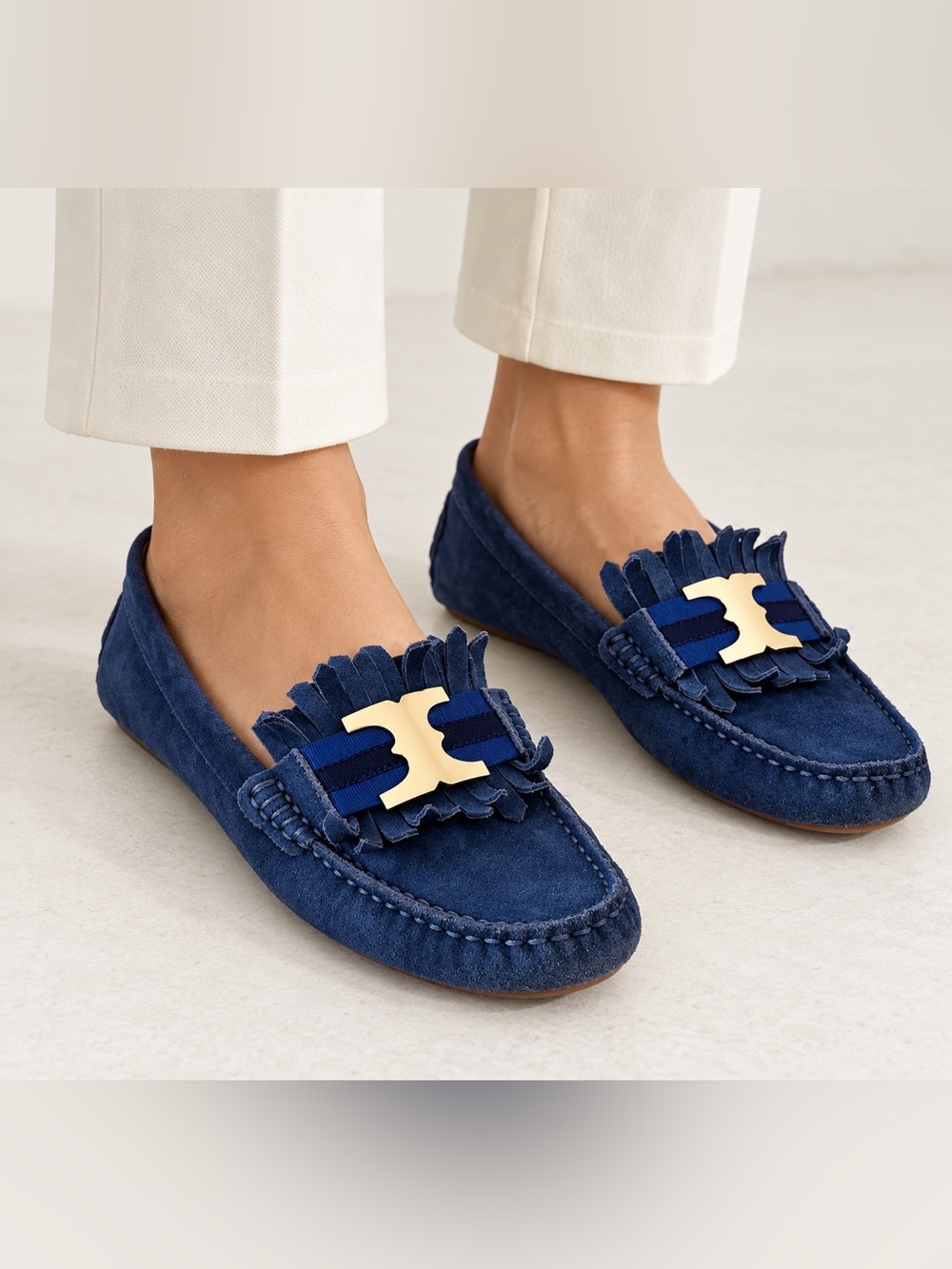 Tory Burch Gemini Link Driver Loafers, navy blue suede size 8
